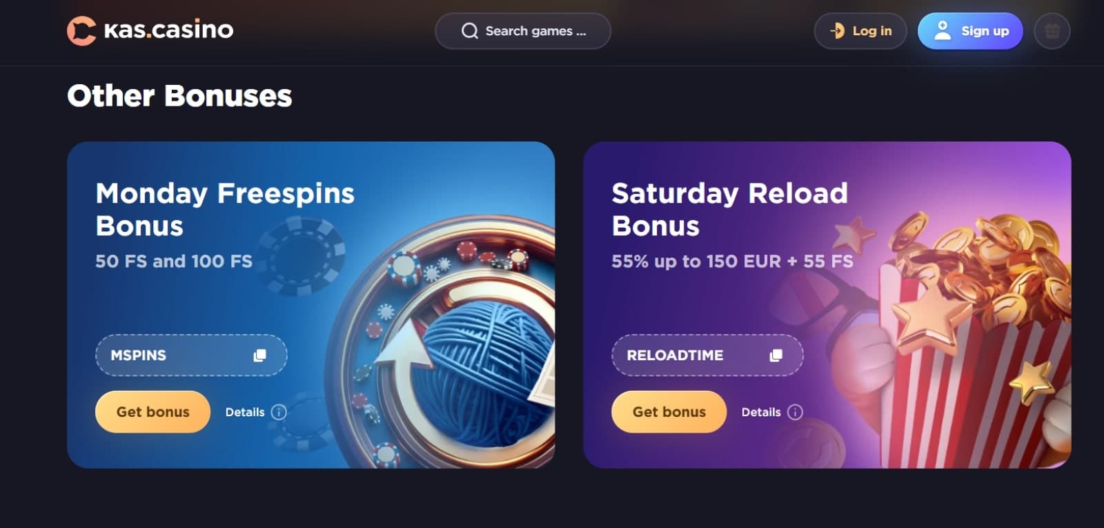 Kas.Casino promotions page featuring Monday freespins and Saturday reload bonus