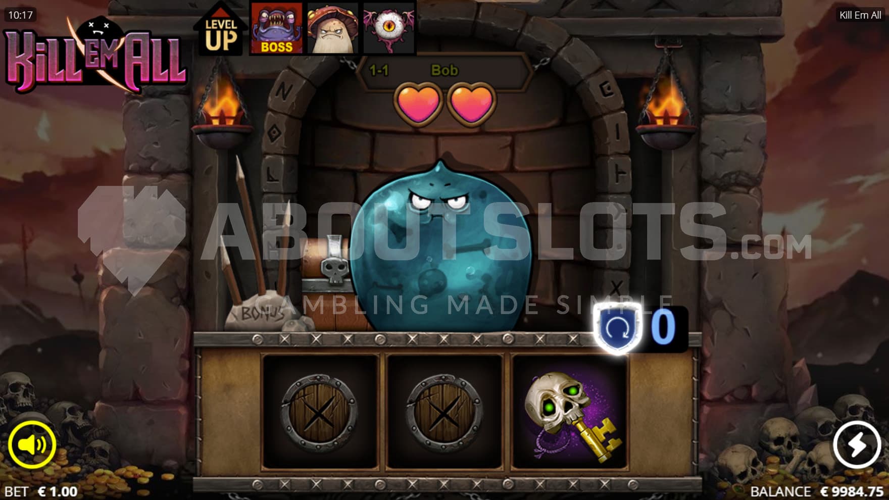 Base Game view of a 3x1 grid set on a cartoony backdrop of an entrance to a dungeon guarded by a blue blobby monster.