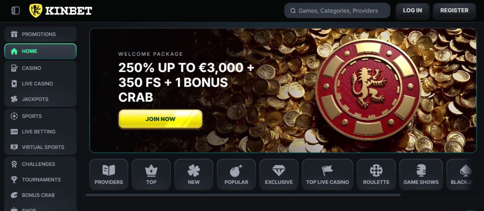 KinBet Casino's homepage, showing the welcome package, a sidebar menu, and a “Join Now” button.