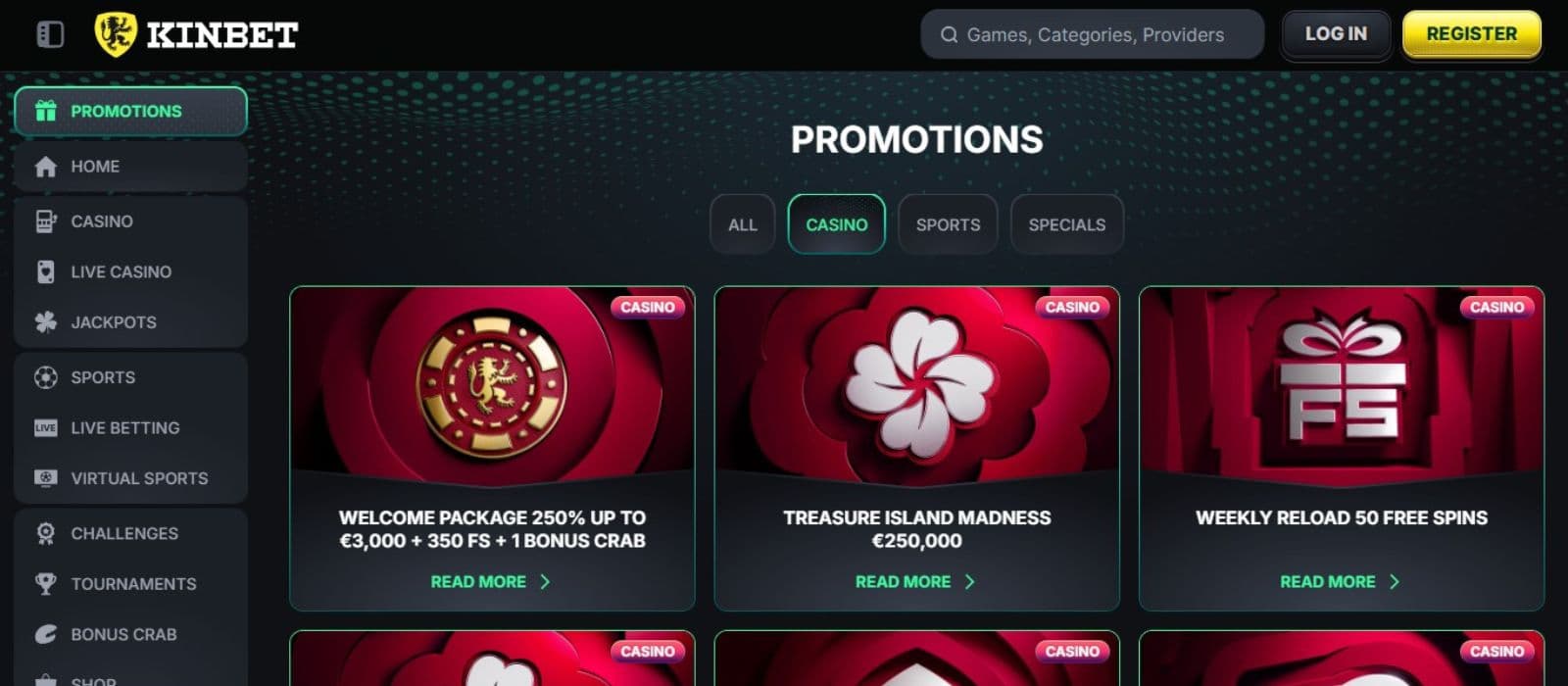 KinBet Casino's promotions page, showing the welcome package and other bonuses.