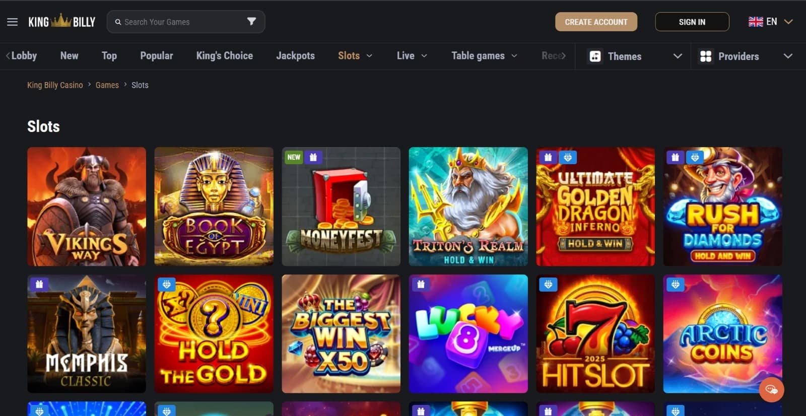 King Billy Casino's slot page featuring titles such as Vikings way, Book of Egypt, Arctic Coins and many other exciting games
