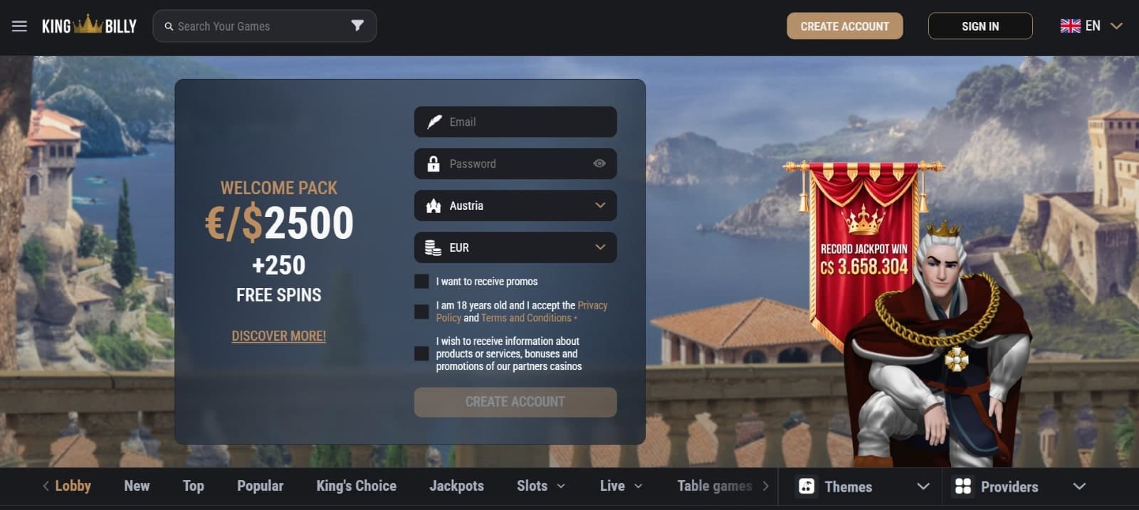 King Billy Casino's homepage, showing the welcome pack of 2500 euros and 250 free spins beside a sign-up form.
