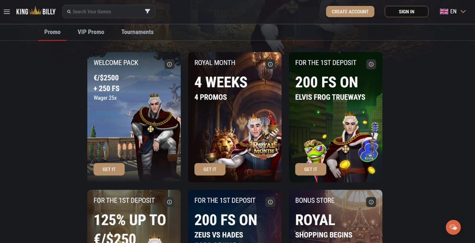 King Billy Casino's promotions page, showing the welcome pack, royal month promo, and other bonuses.