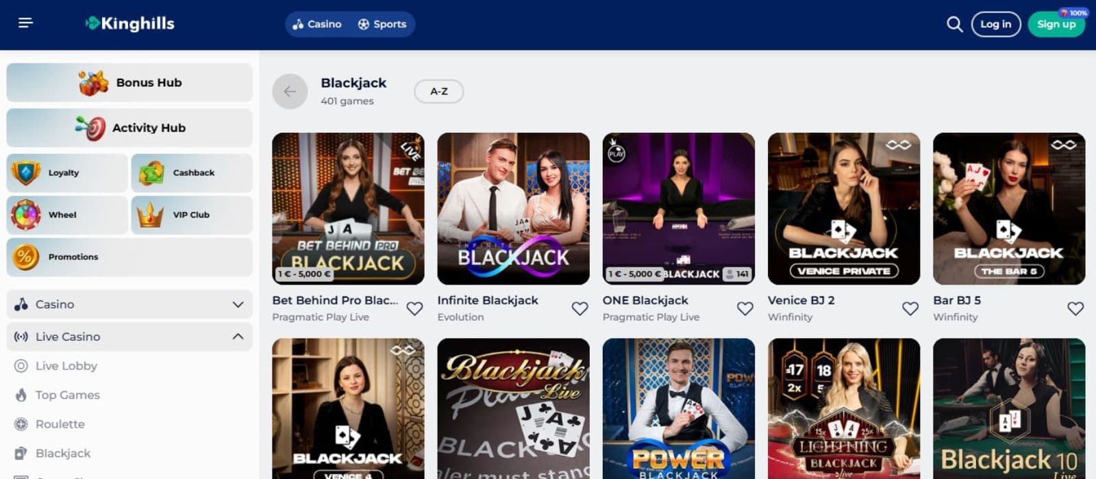 Kinghills Casino's live casino category, showing variations of blackjack.