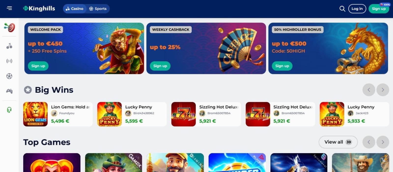 Kinghills Casino's homepage, showing a reel of the welcome bonus package and other promotions. It also shows real-time updates of big wins on the site.