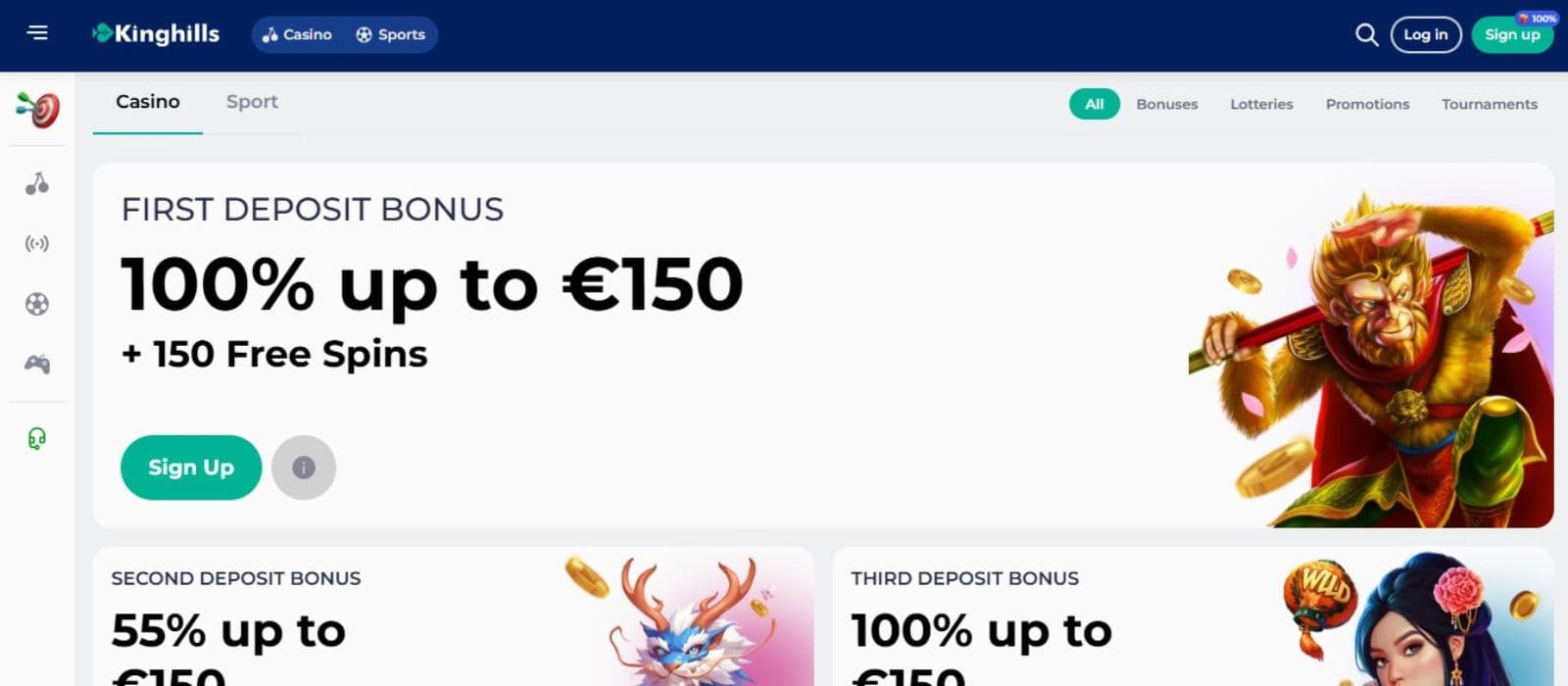 Kinghills Casino's promotions page, showing the 1st, 2nd, and 3rd deposit bonuses.
