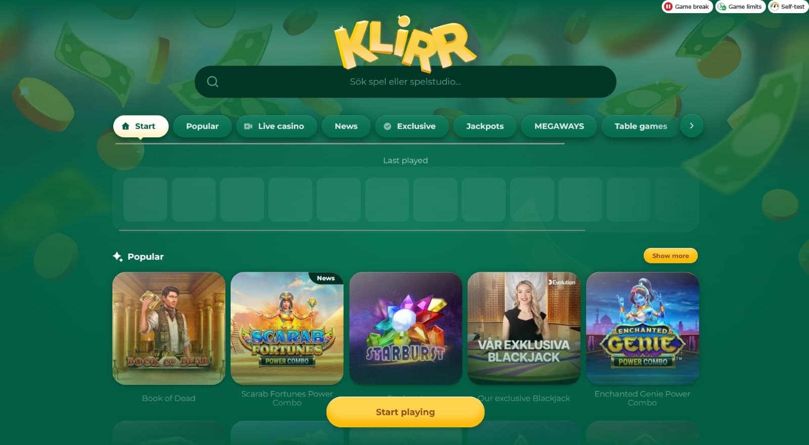 Klirr Casino landing page featuring the popular games and game categories 