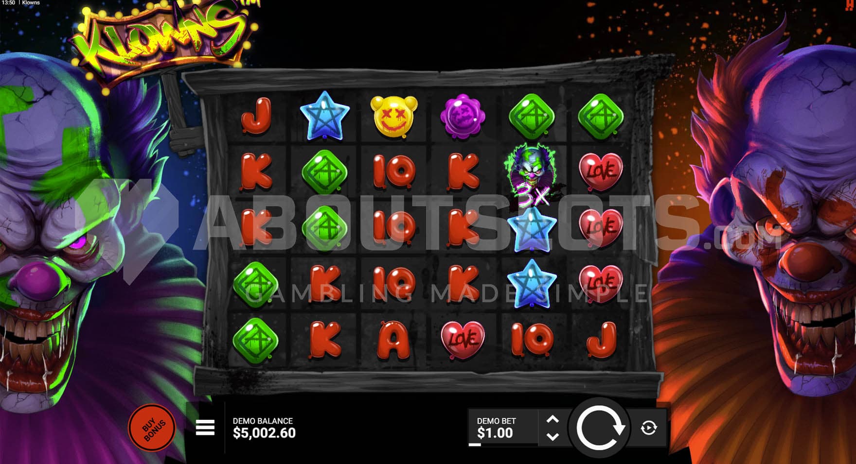 Base Game showing two horror clowns on both sides of the grid and a mix of various symbols on the reels.