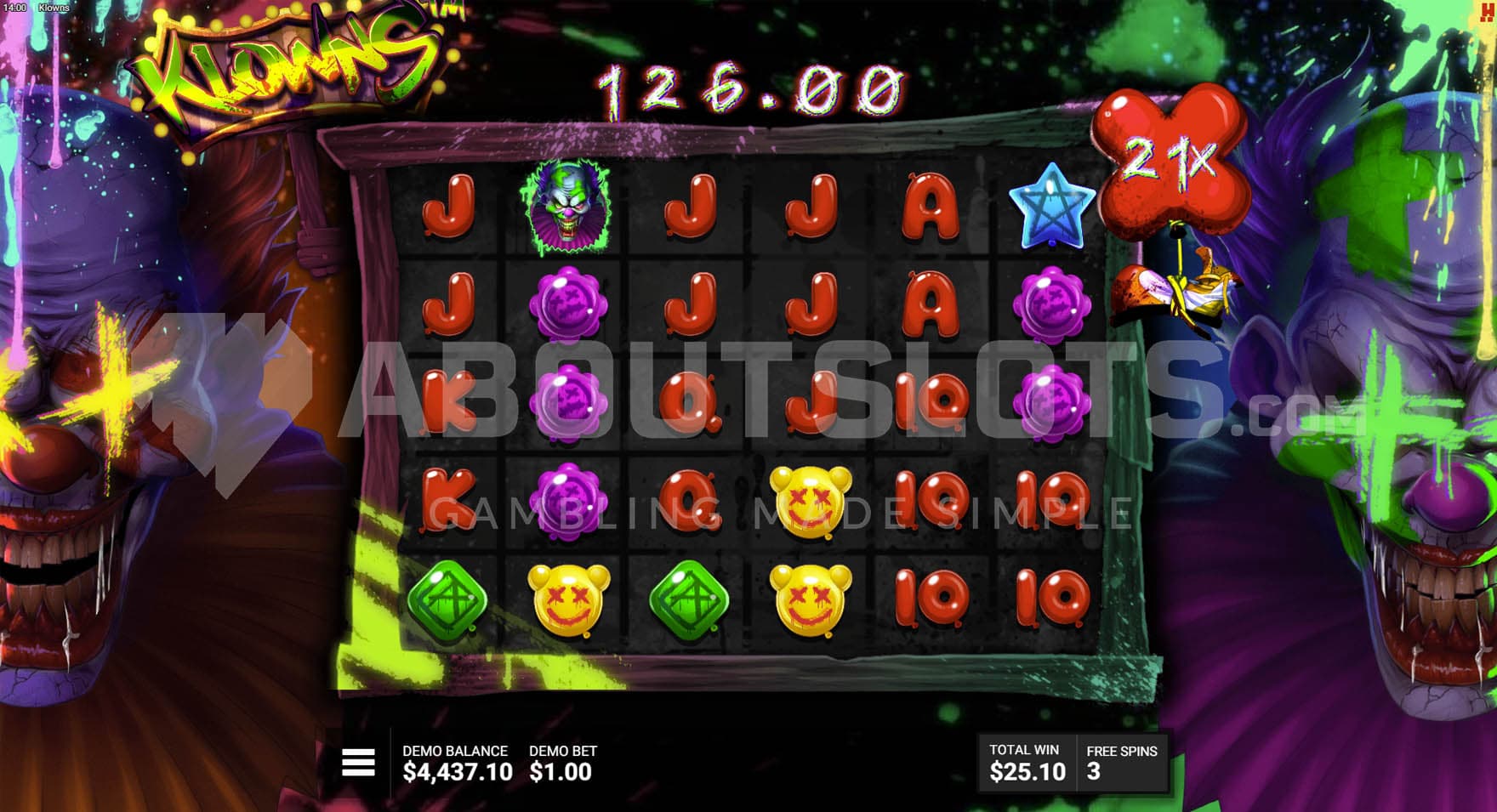 Bonus round in progress with an x21 multiplier and a big win of 126.00.