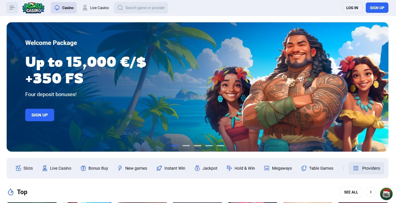 Koru Casino's landing page featuring the 15,000 euros welcome bonus with its image banner featuring tropical island scenery and three animated characters