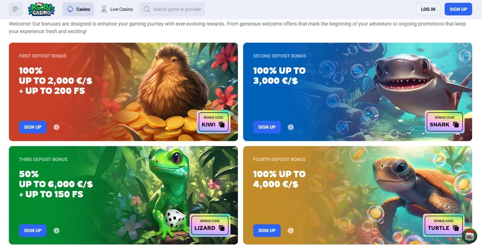 Koru Casino's promotions page featuring the 4 pat welcome bonus with images of exotic cute animals