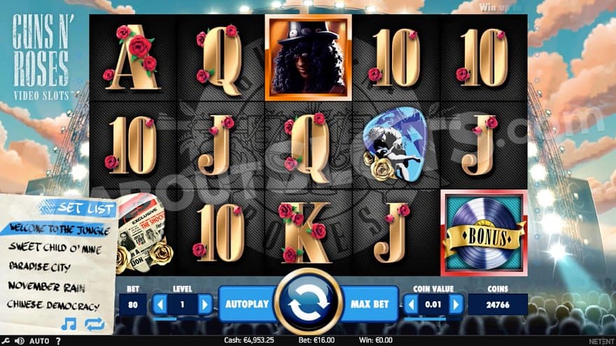 A casino slot grid in front of an outdoor stage.