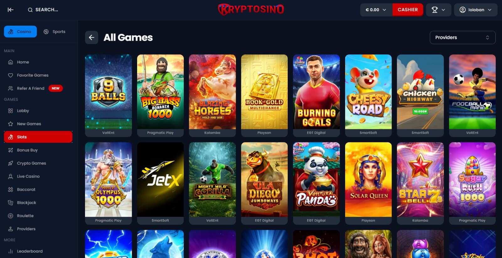 Kryptosino Casino's games page featuring the slot, crash and table game next to side menu with game genre tabs icons 