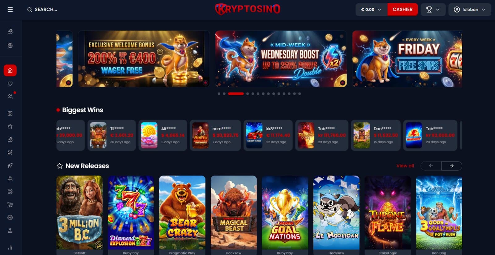 Kryptosino Casino's Landing page featuring the latest bonuses, biggest wins and new slot releases 