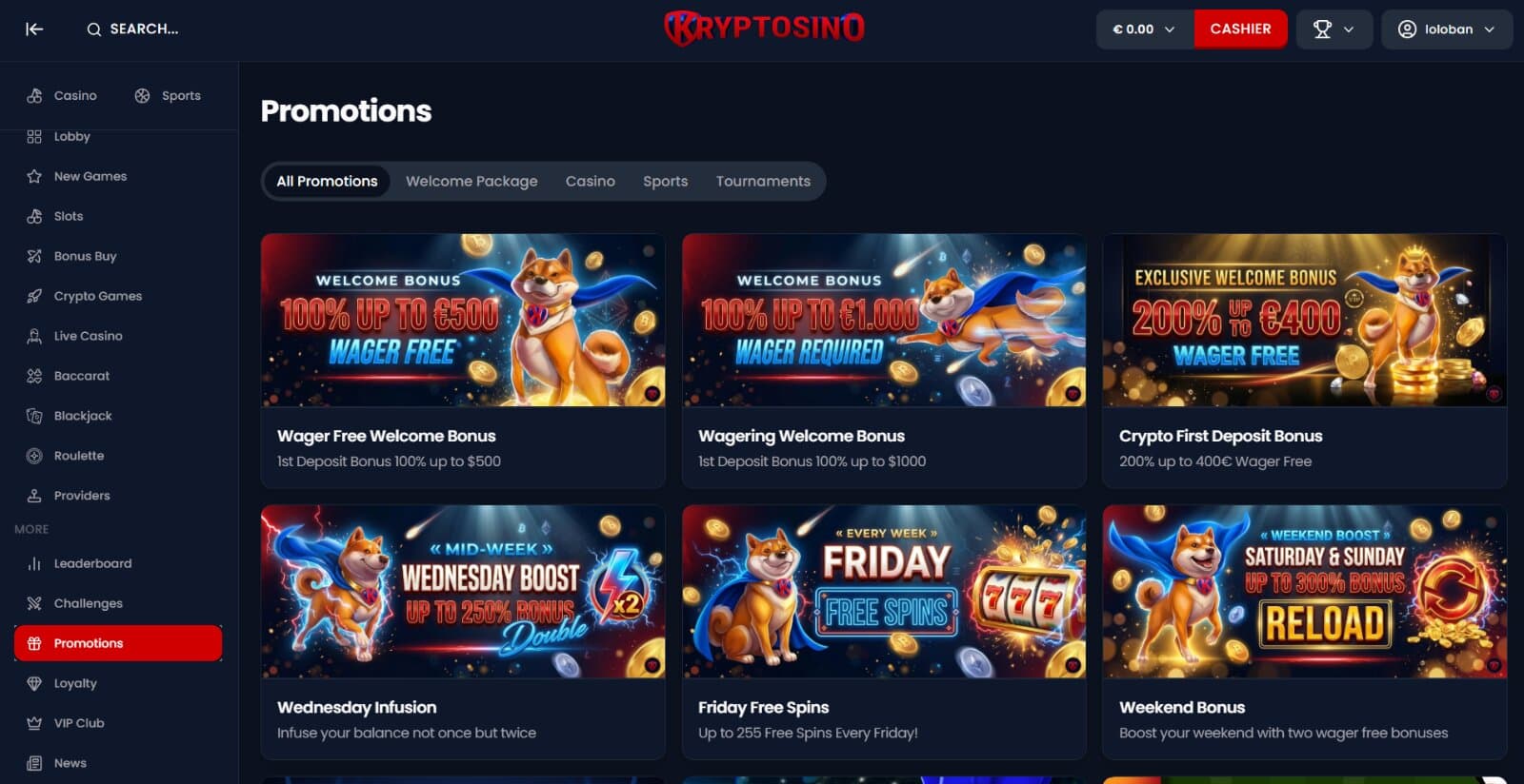 Kryptosino Casino's promotions page featuring the wager-free welcome bonus, wagering welcome bonus, crypto bonus, no wager free spins, and other reload bonuses