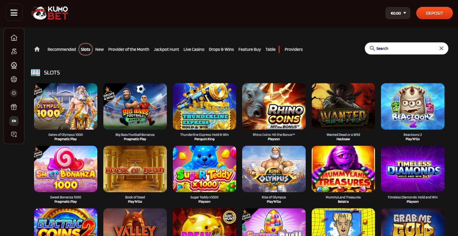 Kumobet Casino's games page displaying the slot game icons of titles such as Mummyland Treasures, Sweet Bonanza 2500, and Reactoonz 