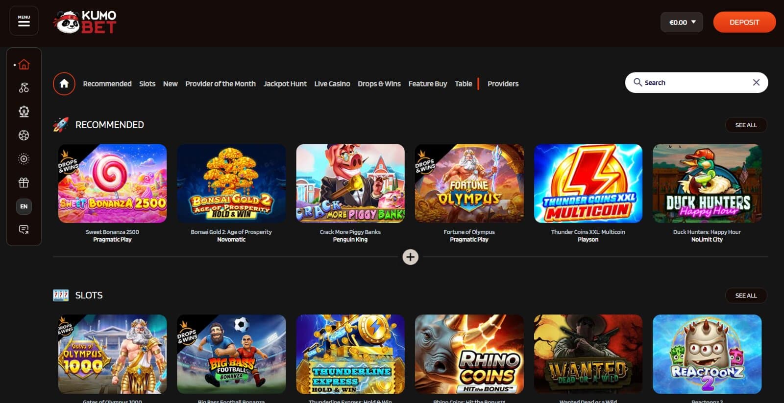 Kumobet Casino's welcome page featuring the recommended slots under main lobby category tabs and search buttons