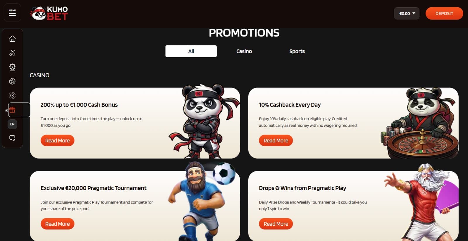 Kumobet Casino's promotions page featuring the welcome bonus offer, cashback bonus, and slot network tournaments along with their respective banners