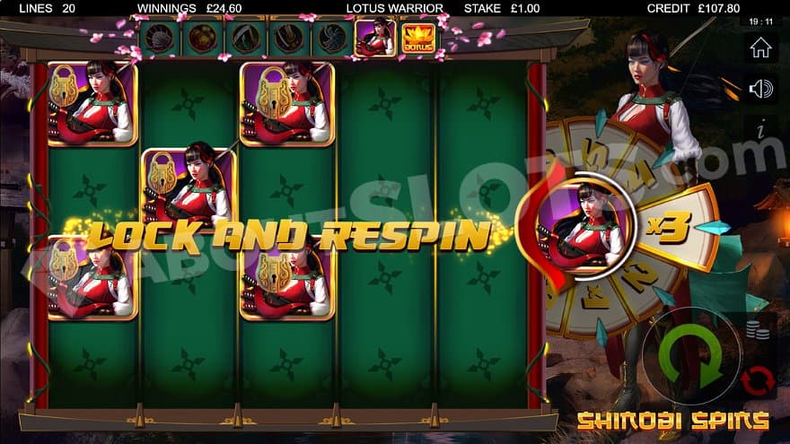 Five symbols on the reels 1, 2, and 3 during a lock-and-respin in the Shinobi Spins.