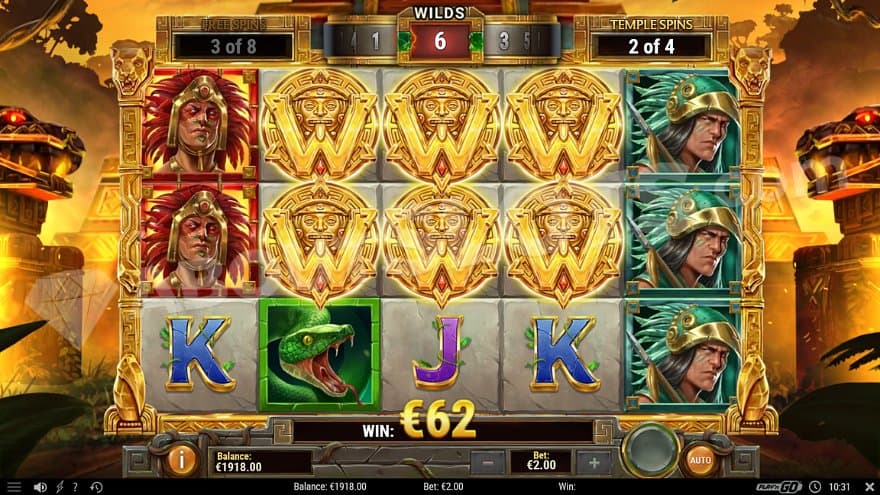 Six golden wild symbols on reels 2, 3, and 4 in the Temple Spins.