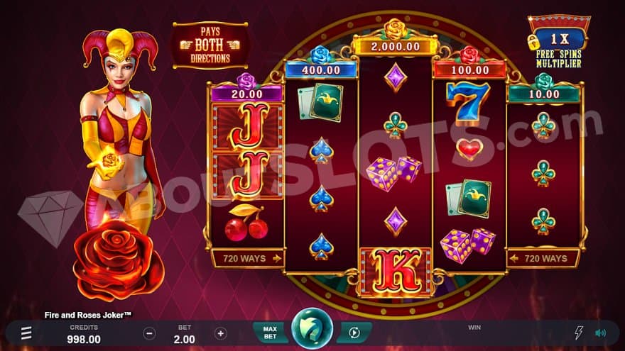 A red background with the five reels to the right and a Joker to the left.