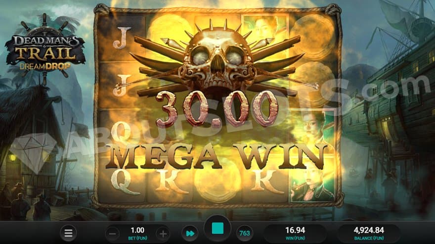 A death skull above the reels and a text saying: "30.00 Mega Win."