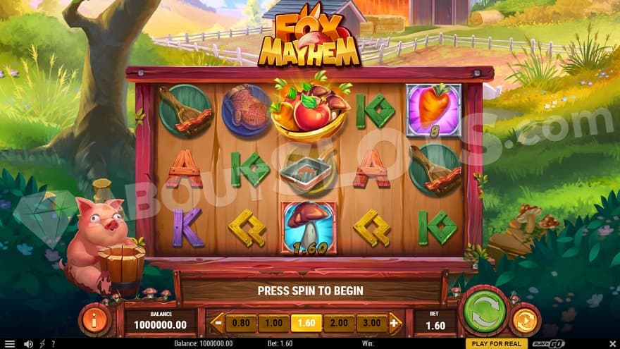 A casino slot on an animal farm with a pig next to the reels.  