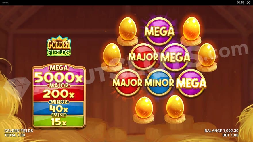 Six golden eggs and six circles saying "mega, major, and minor."