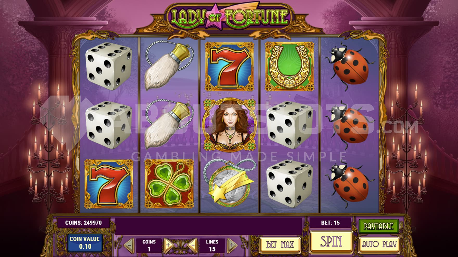 Base Game view of a 5x3 grid on a backdrop of an interior lit up with candles.