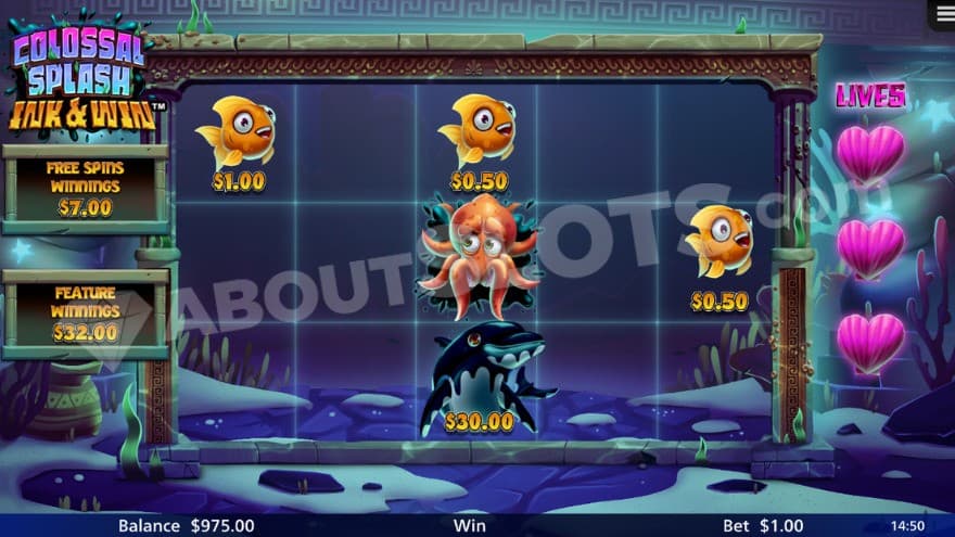 Ink and win feature with an octopus on the middle reel.