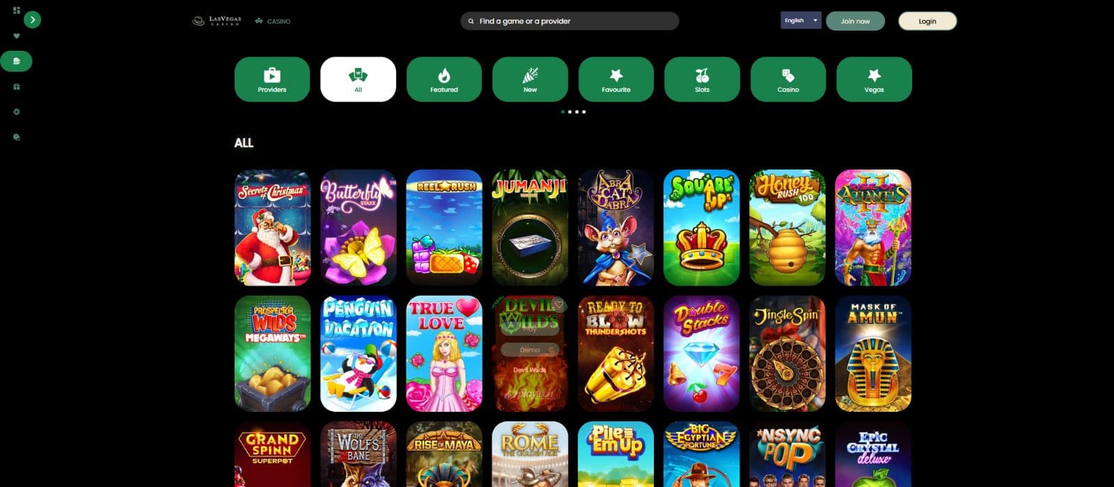 Las Vegas Casino games page showing a selection of slots and the available game categories