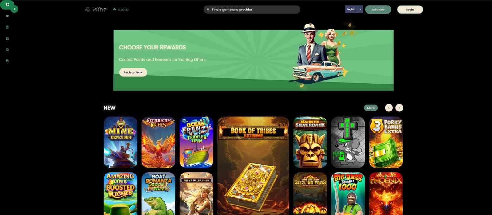 Las Vegas Casino landing page showing a selection of casino games and the search bar for games and providers