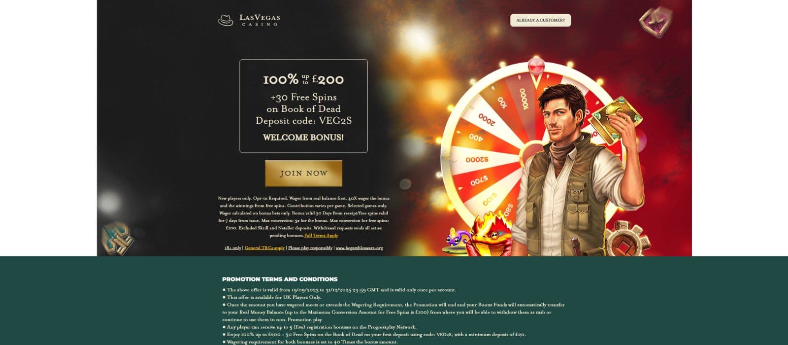 Las Vegas Casino promotions page showing the welcome bonus offer