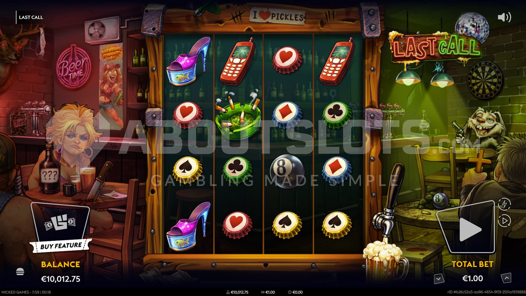 Base game view of a 4x4 grid on a backdrop of a messy pub.