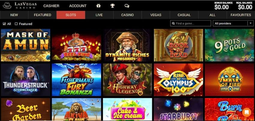 Las Vegas Casino slot games category page, showing titles such as Rise of Olympus 100, Book of Dead, and Starburst.