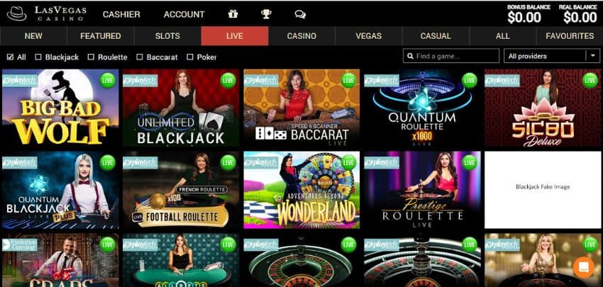  Las Vegas Casino live games category, showing variations of blackjack, roulette, and baccarat. 