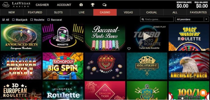 Las Vegas Table games category, featuring variations of roulette, baccarat, and poker