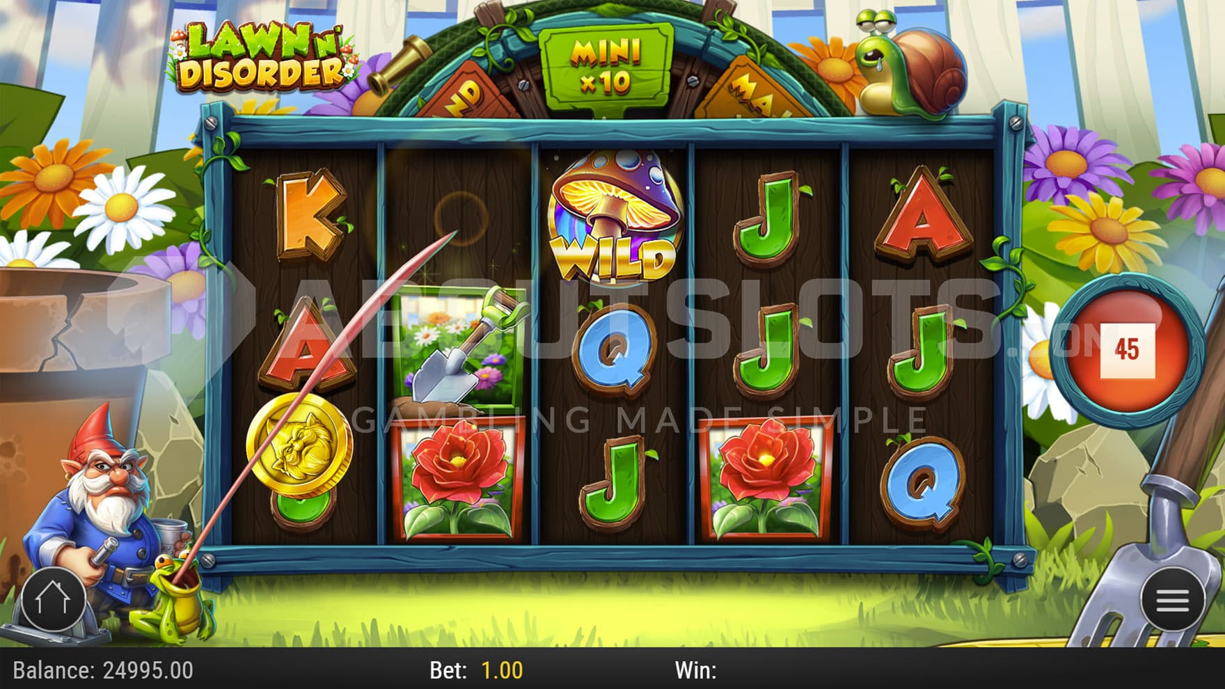 Base Game view of a 5x3 grid on a backdrop of a garden, with a grumpy gnome standing on the left.