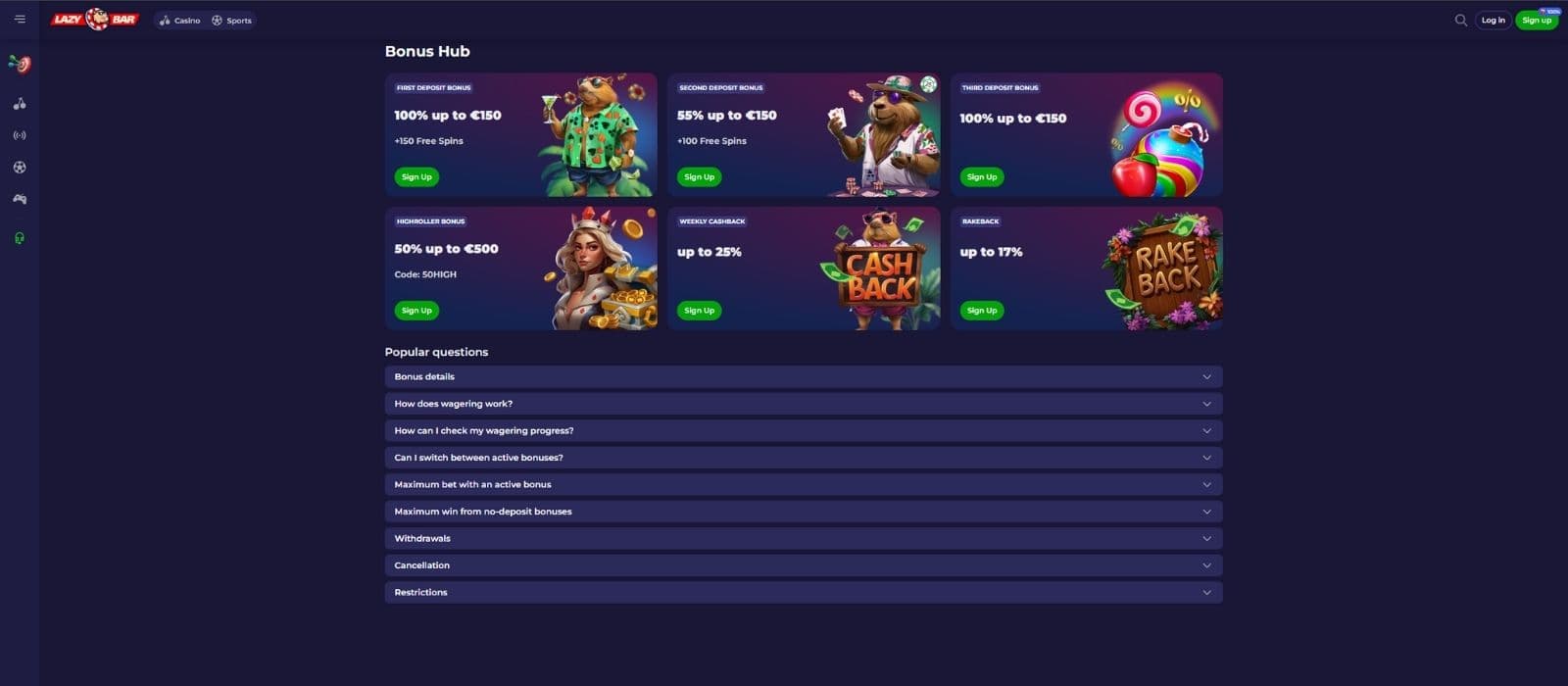 Lazybar Casino bonus hub showing the different bonuses and promotions that are available to players. 