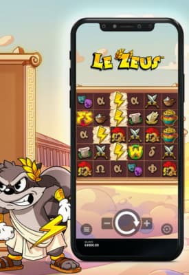 Le Zeus base game with the raccoon standing on the left side of the reels.