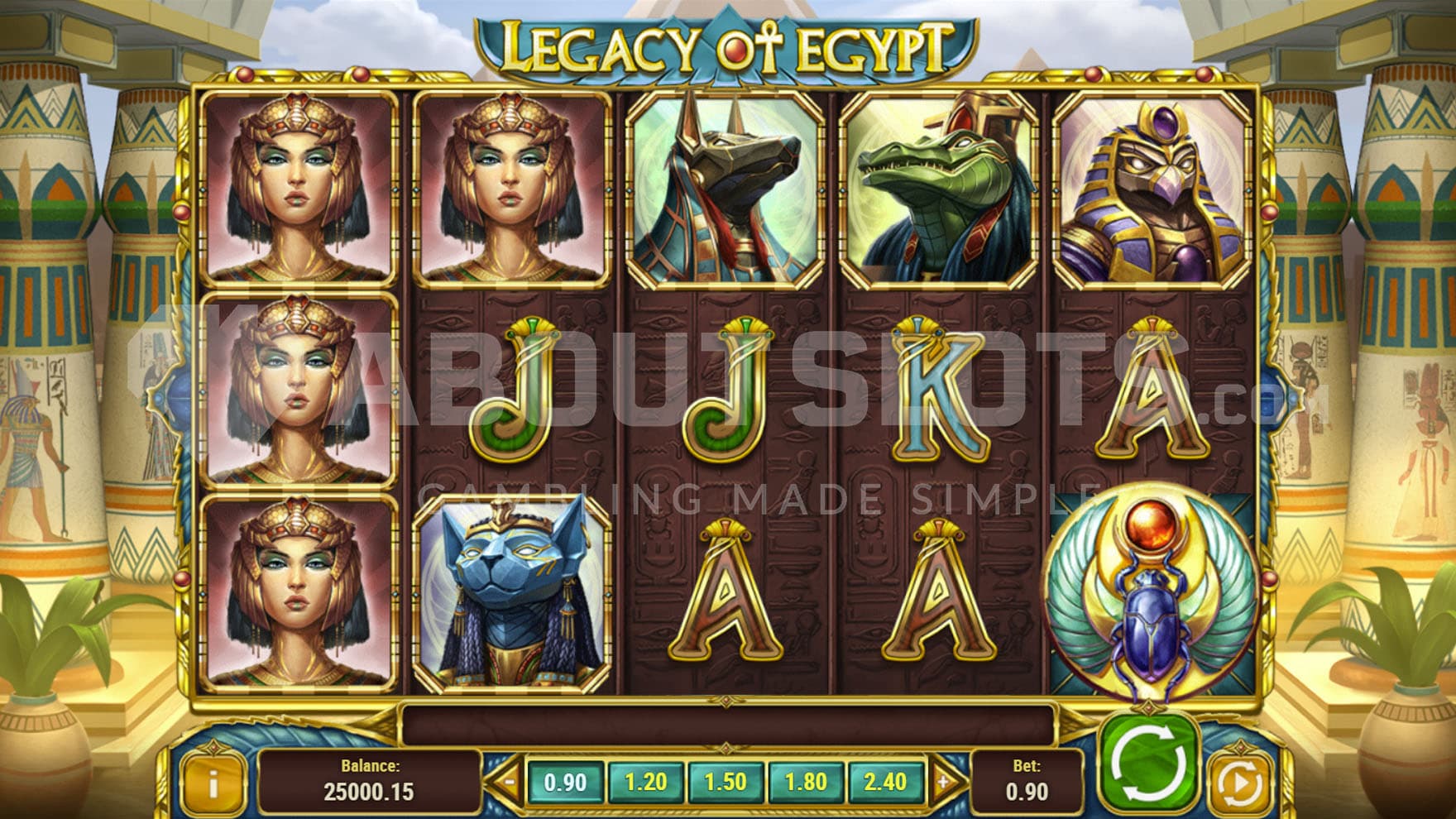 Base Game view of a 5x3 grid on a backdrop of an Ancient Egyptian palace.