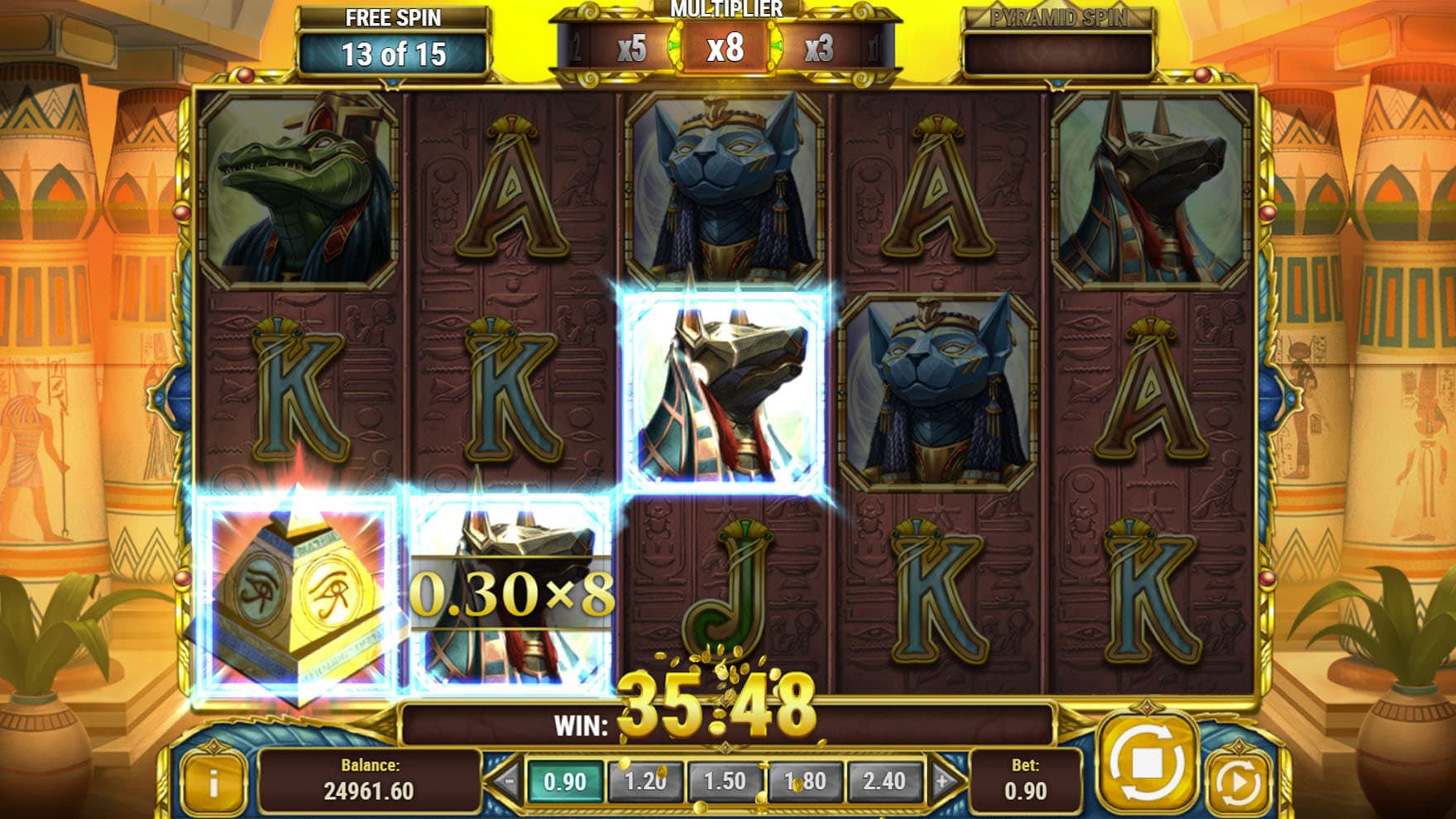 Free Spins bonus in progress with an x8 multiplier active and a 3-of-a-kind combination scored.