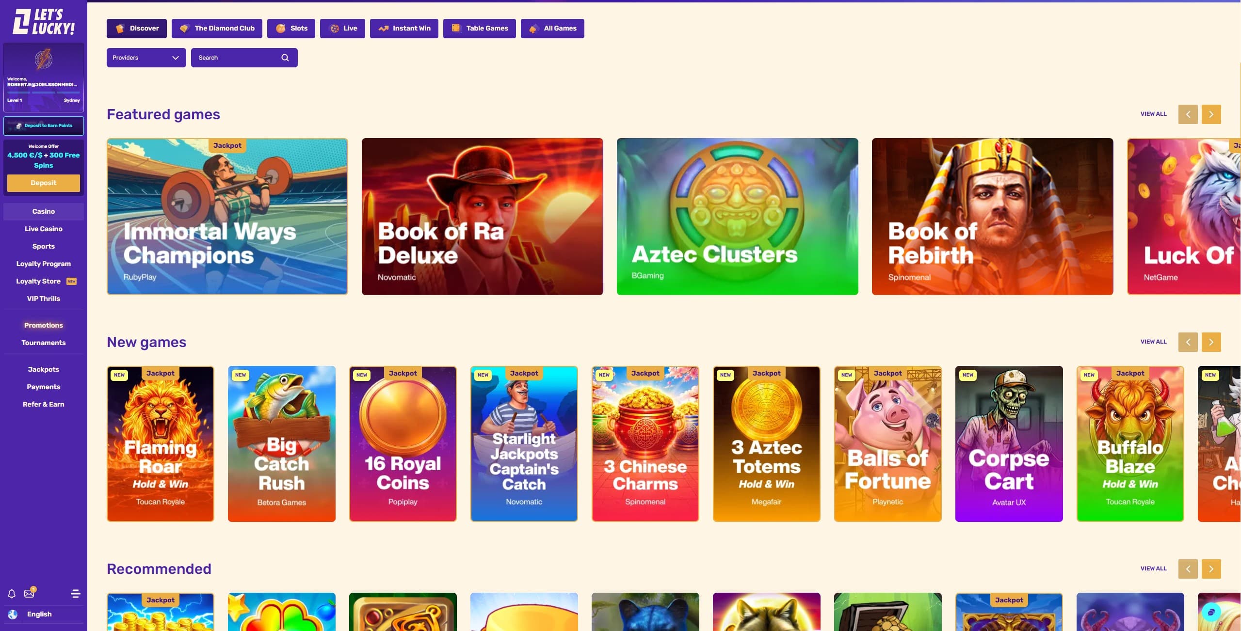 LetsLucky Games Page showing a selection of slot games and the main menu