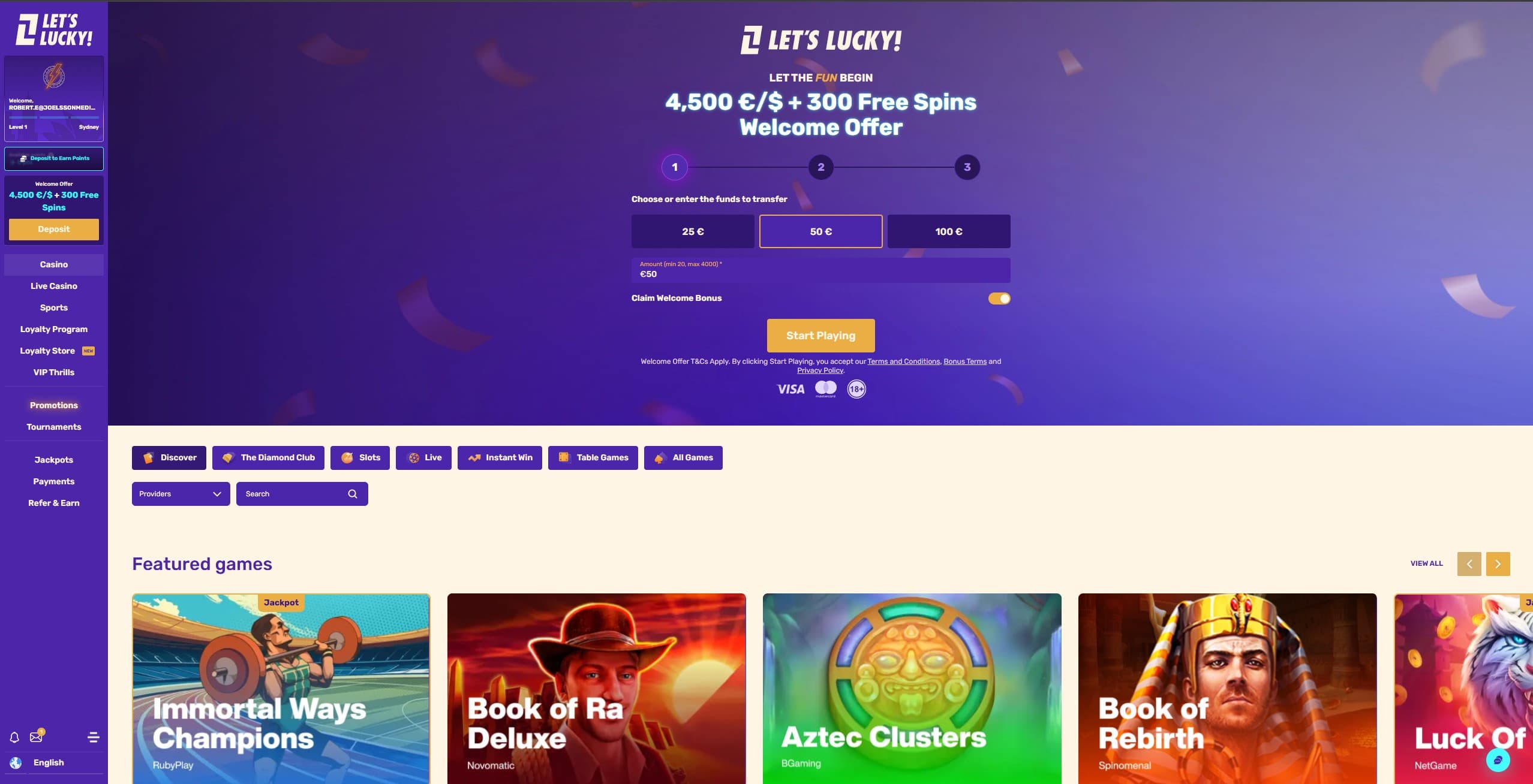 LetsLucky Landing Page showing a selection of games and game categories