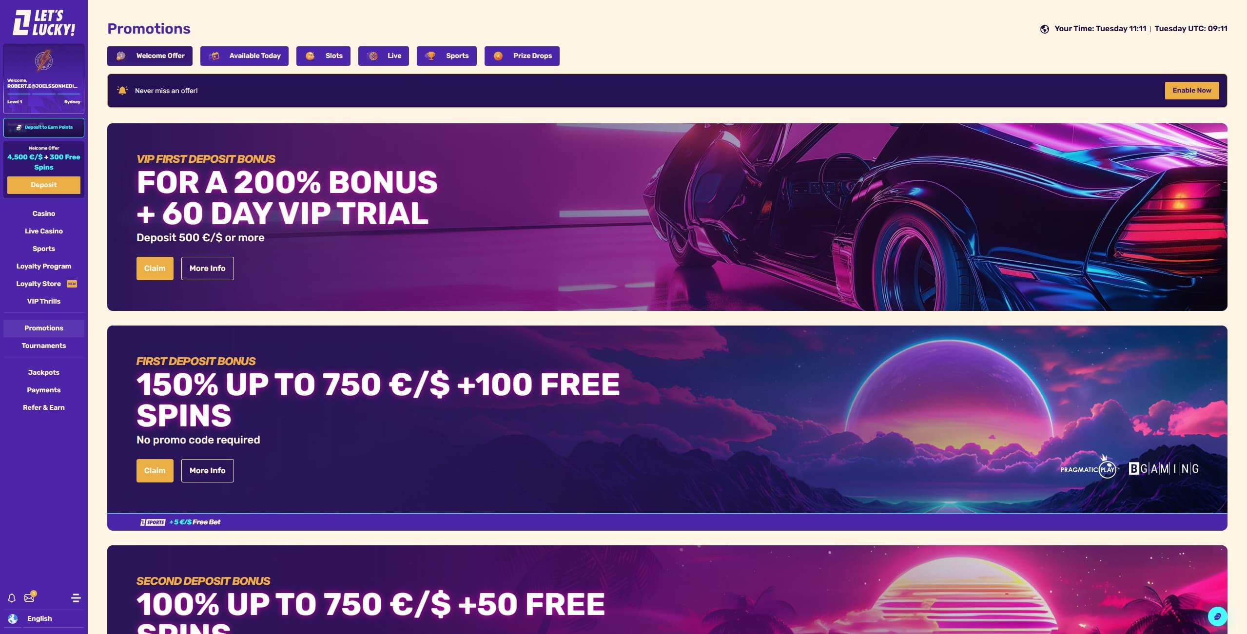 LetsLucky Promotions Page showing the available bonuses and promotions