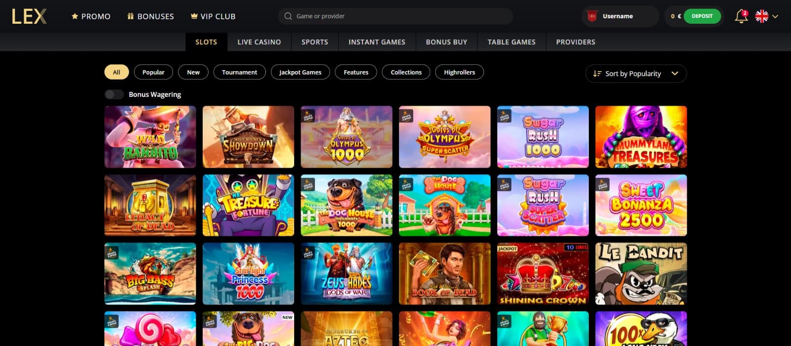 Lex Casino Games page featuring the slots section with game icons under main tab sorting categories and filters