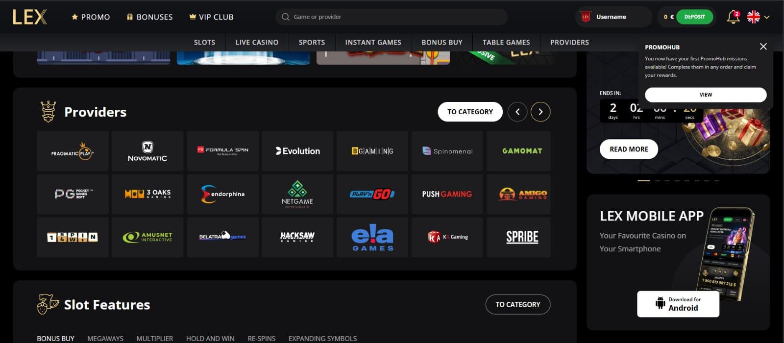 Lex Casino landing page featuring the provider list, slot features categories, with top lobby and casino tabs