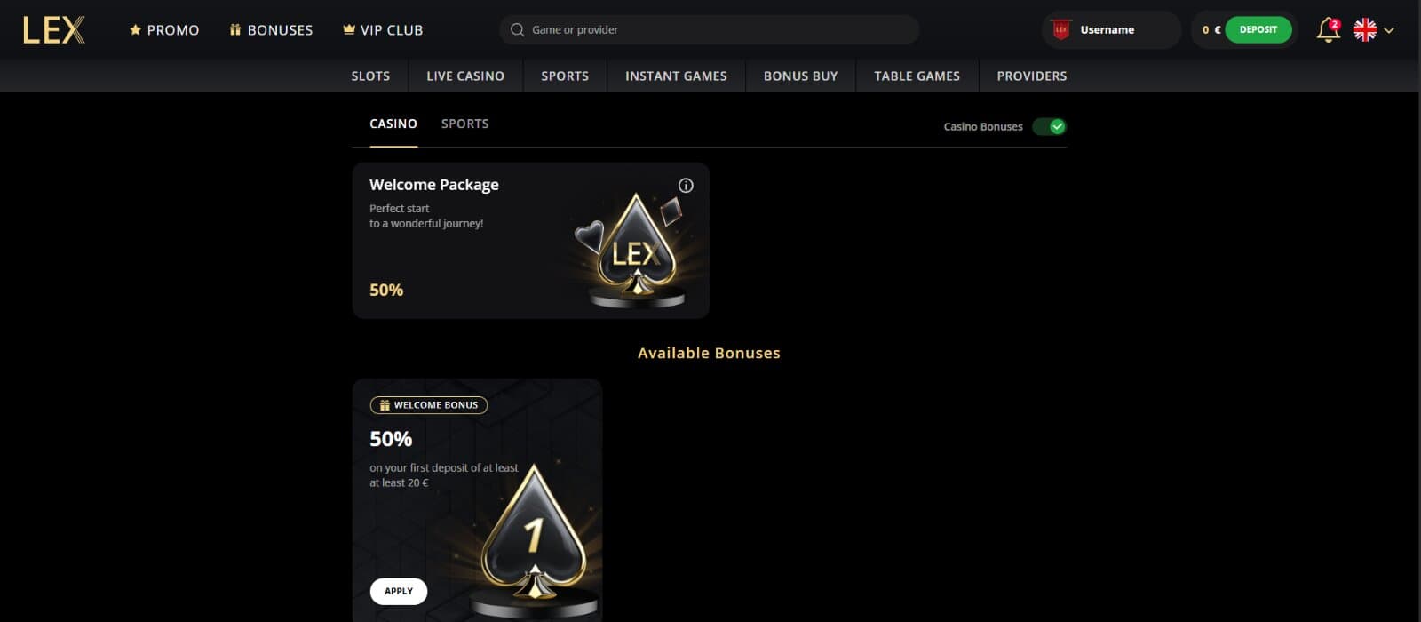 Lex Casino Promotions Page featuring the first deposit welcome bonus under casino and sports bonus tabs