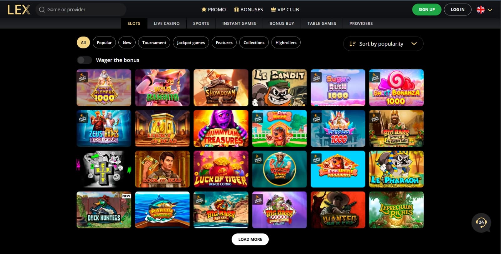 Lex Casino games page with slot titles under features, collections and high roller categories