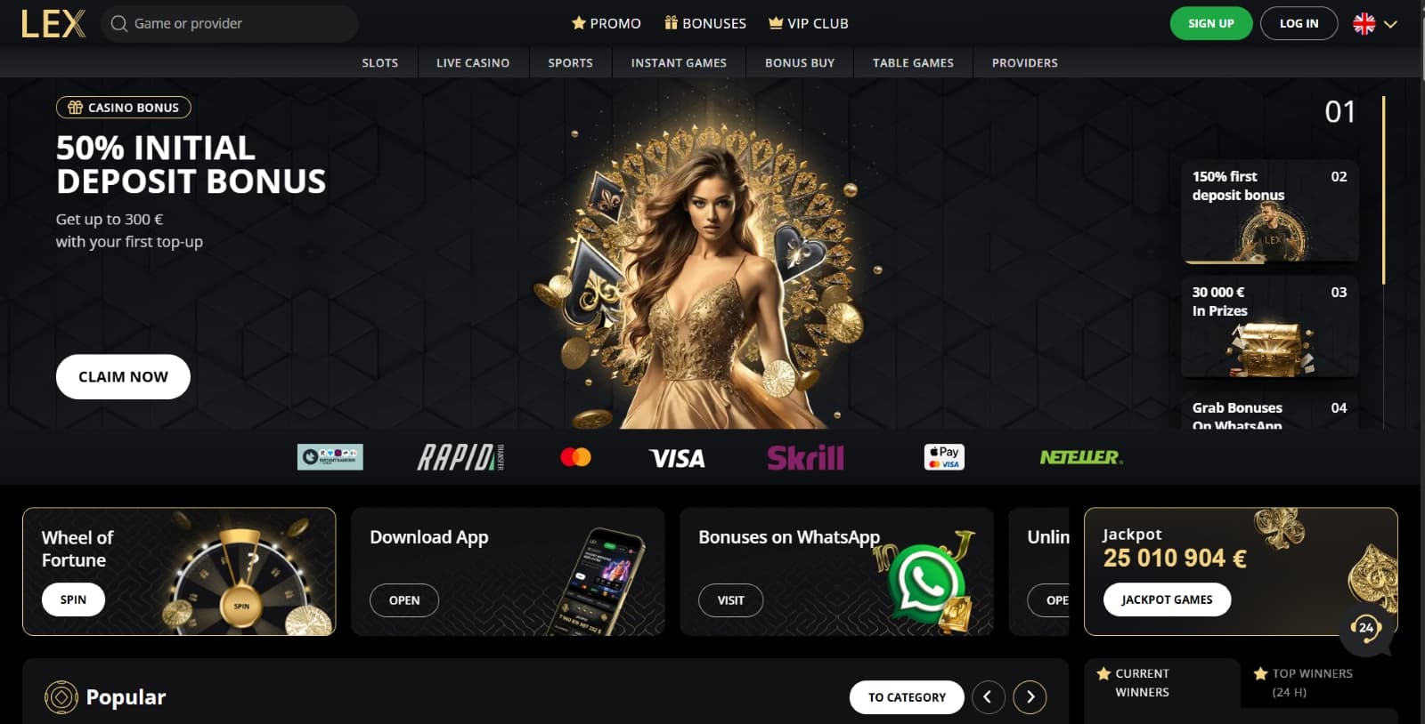 Lex Casino landing page with 50% initial deposit bonus over banner with lady and golden poker symbols 
